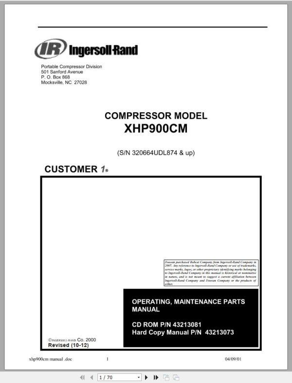 Ingersoll Rand Compressor Module XHP900CM Parts Manual Operating and Maintenance Manual 2012 1