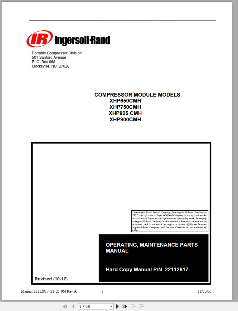 Ingersoll Rand Compressor Module XHP900CMH Parts Manual Operating and Maintenance Manual 2012