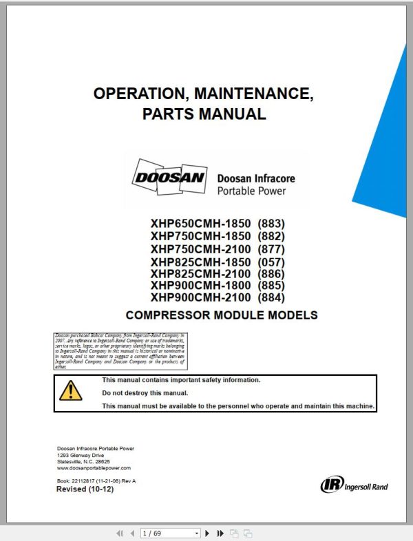 Ingersoll Rand Compressor Module XHP900CMH Parts Manual Operating and Maintenance Manual 2012 1