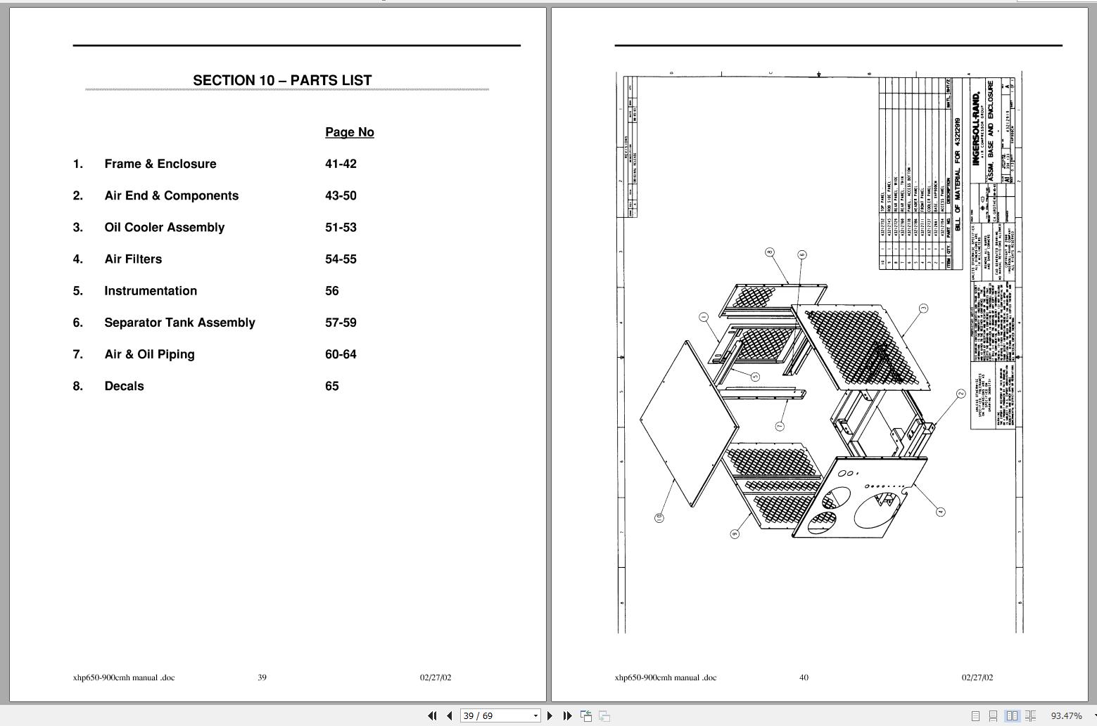 Ingersoll Rand Compressor Module XHP900CMH Parts Manual, Operating and