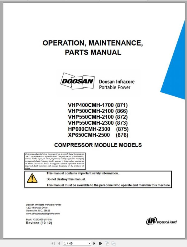 Ingersoll Rand Compressor Module XP650CMH Parts Manual Operating and Maintenance Manual 2012