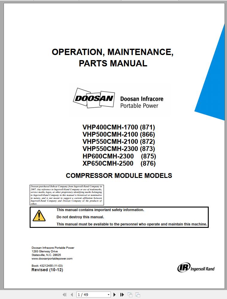 Ingersoll Rand Compressor Module XP650CMH Parts Manual Operating and Maintenance Manual 2012