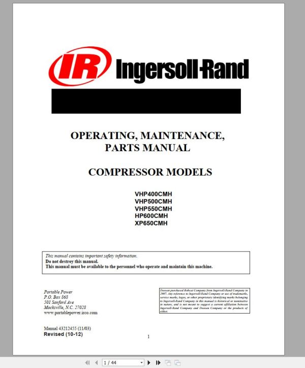 Ingersoll Rand Compressor Module XP650CMH Parts Manual Operating and Maintenance Manual 2012 1
