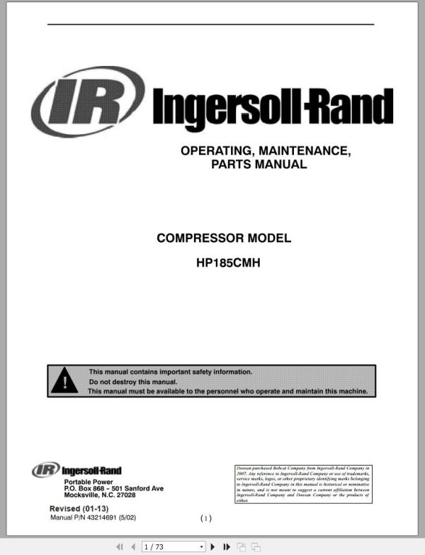Ingersoll Rand Compressor Modules HP185CMH Part Manual Operation and Maintenance Manual 2013 1