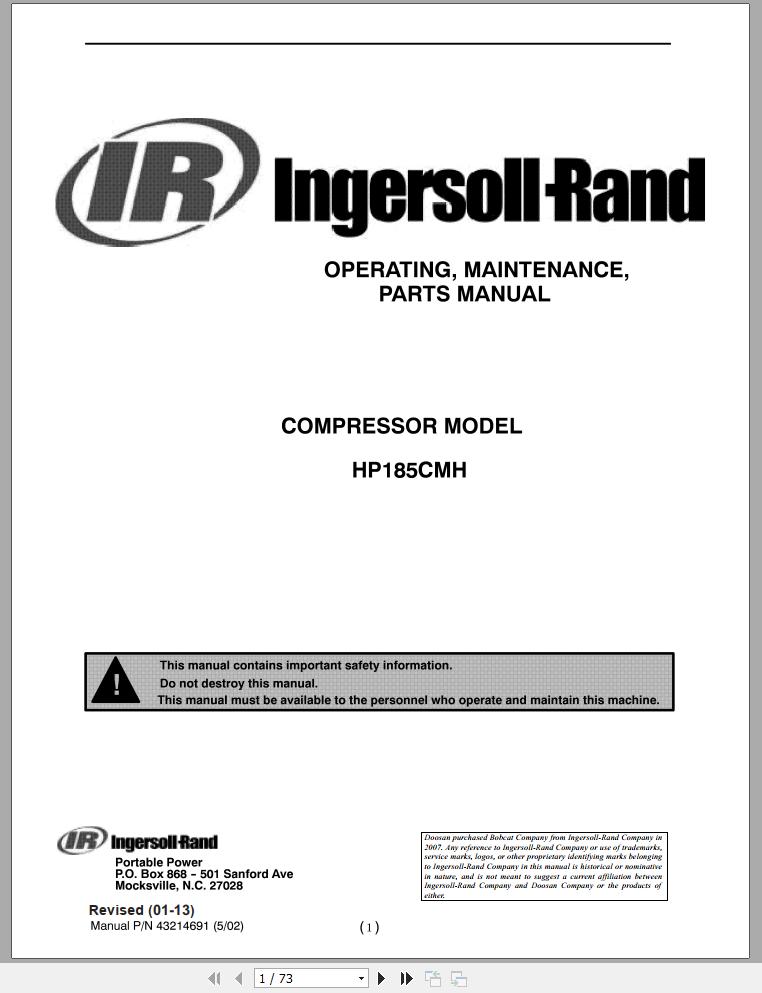 Ingersoll Rand Compressor Modules HP185CMH Part Manual Operation and Maintenance Manual 2013 1