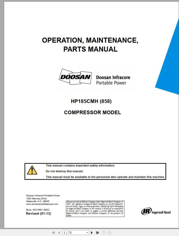 Ingersoll Rand Compressor Modules HP185CMH Part Manual Operation and Maintenance Manual 2013 1 1