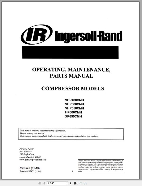 Ingersoll Rand Compressor Modules HP600CMH Part Manual Operation and Maintenance Manual 2013