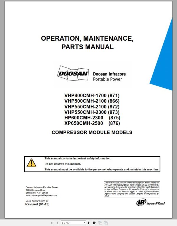 Ingersoll Rand Compressor Modules HP600CMH Part Manual Operation and Maintenance Manual 2013 1