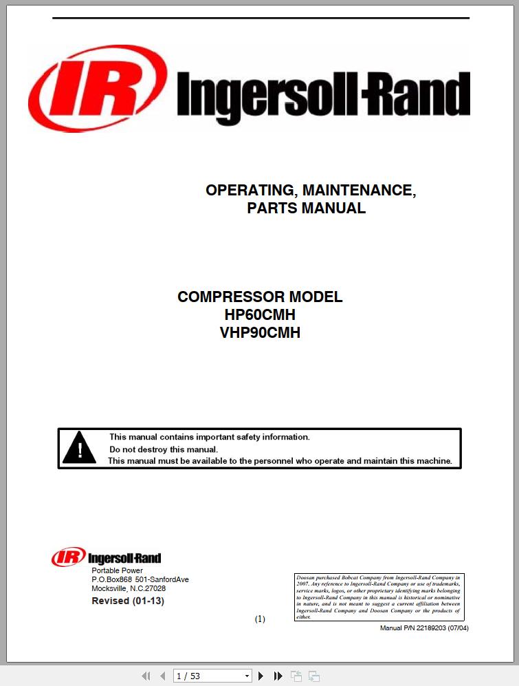 Ingersoll Rand Compressor Modules HP60CMH Parts Manual Operation and Maintenance Manual 2013 1