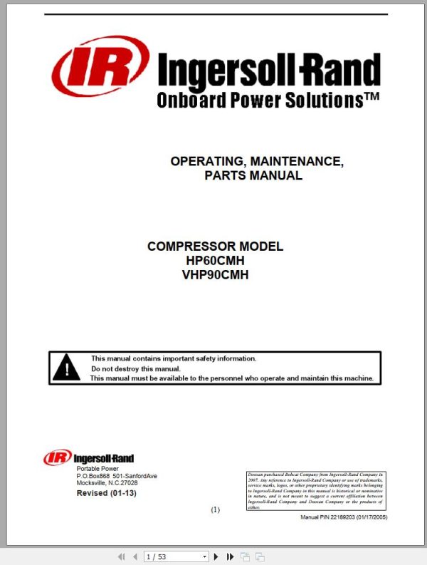 Ingersoll Rand Compressor Modules HP60CMH Parts Manual Operation and Maintenance Manual 2013 1