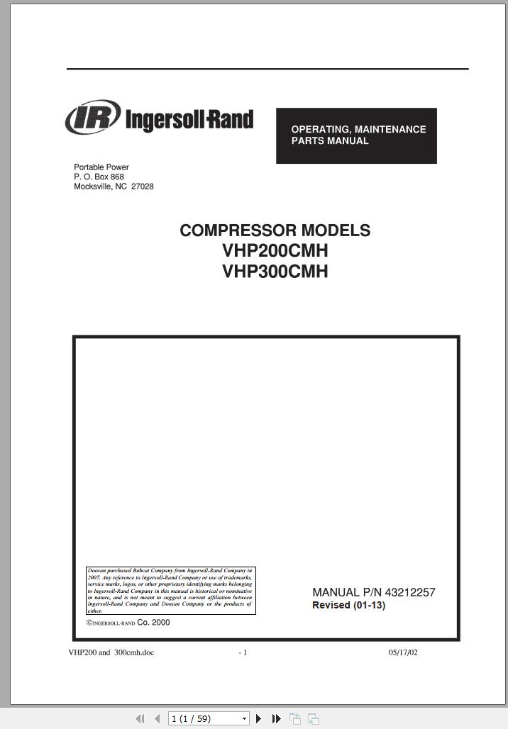 Ingersoll Rand Compressor Modules VHP200CMH Part Manual Operation and Maintenance Manual 2013