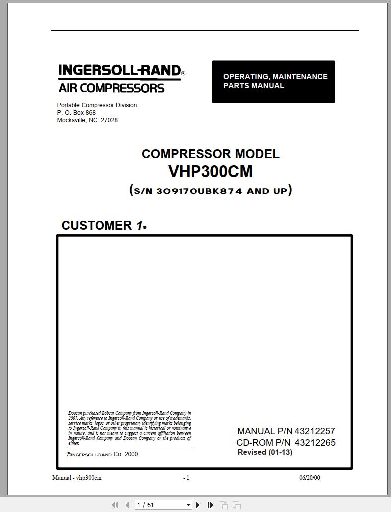 Ingersoll Rand Compressor Modules VHP300CM Part Manual Operation and Maintenance Manual 2013