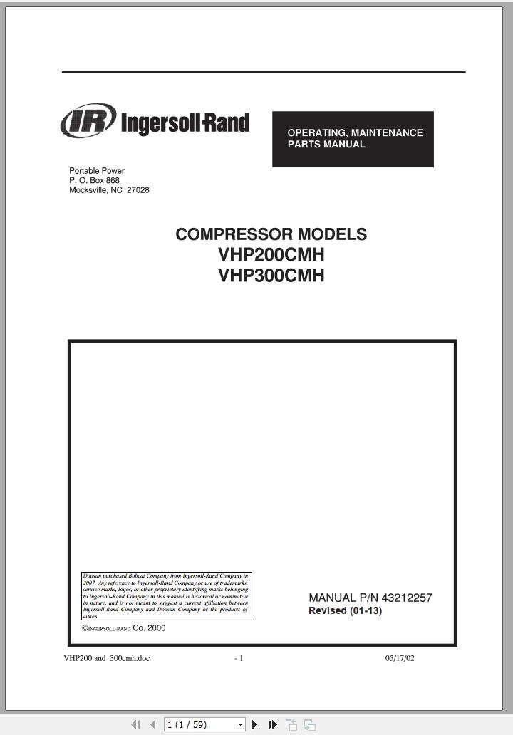 Ingersoll Rand Compressor Modules VHP300CMH Part Manual Operation and Maintenance Manual 2013