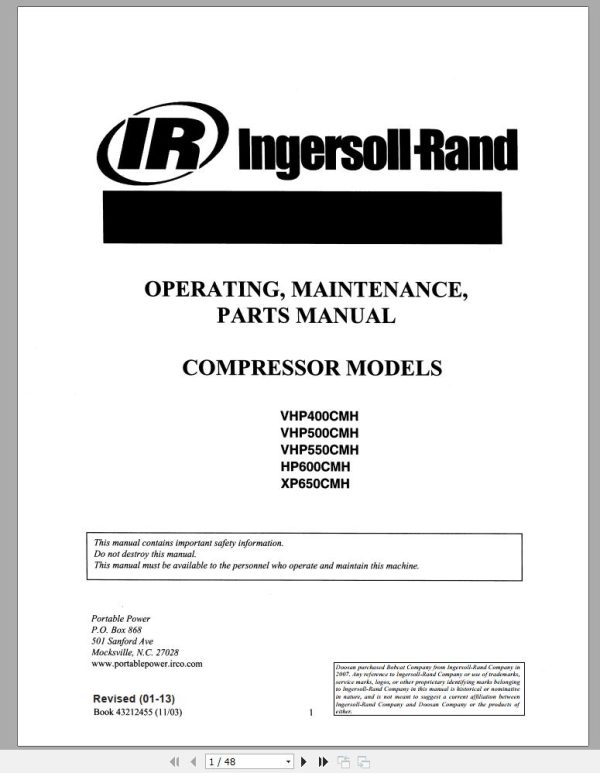 Ingersoll Rand Compressor Modules VHP400CMH Part Manual Operation and Maintenance Manual 2013