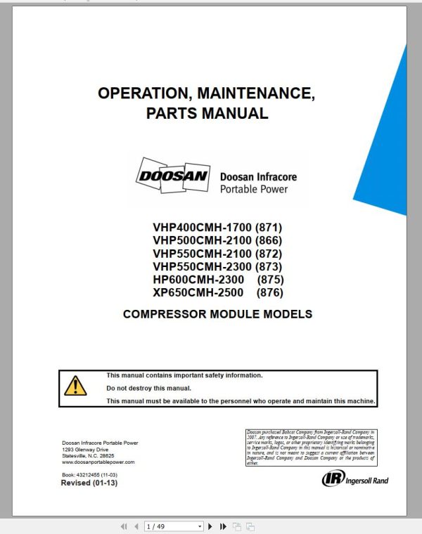 Ingersoll Rand Compressor Modules VHP400CMH Part Manual Operation and Maintenance Manual 2013 1