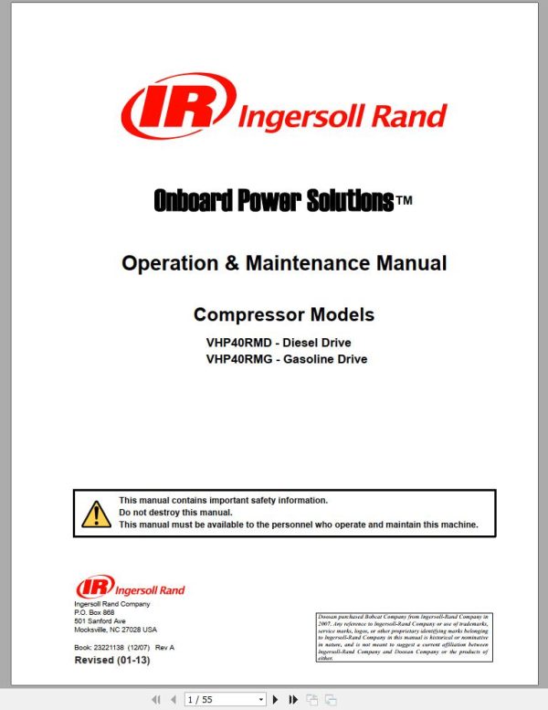 Ingersoll Rand Compressor Modules VHP40RMG Part Manual Operation and Maintenance Manual 2013 1