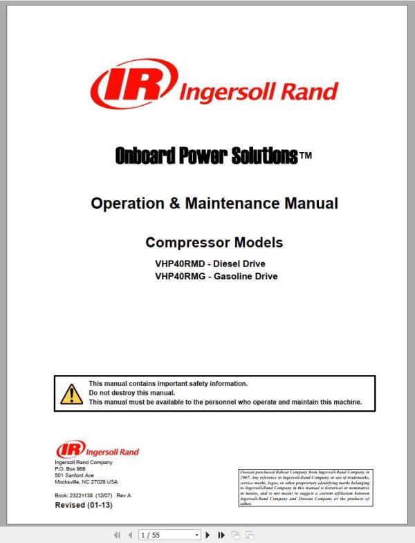 Ingersoll Rand Compressor Modules VHP40RMH Part Manual Operation and Maintenance Manual 2013
