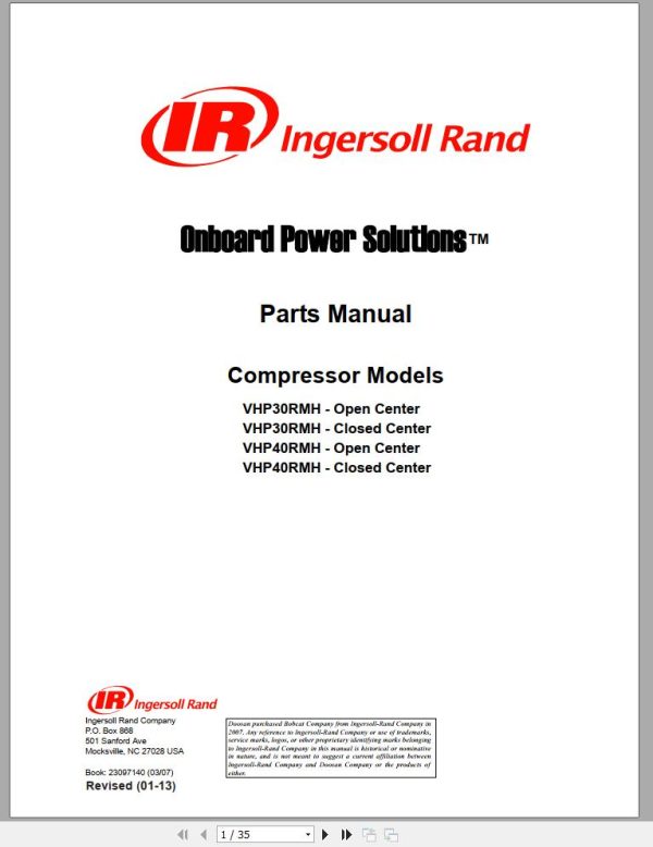 Ingersoll Rand Compressor Modules VHP40RMH Part Manual, Operation and
