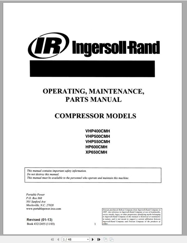 Ingersoll Rand Compressor Modules VHP500CMH Part Manual Operation and Maintenance Manual 2013