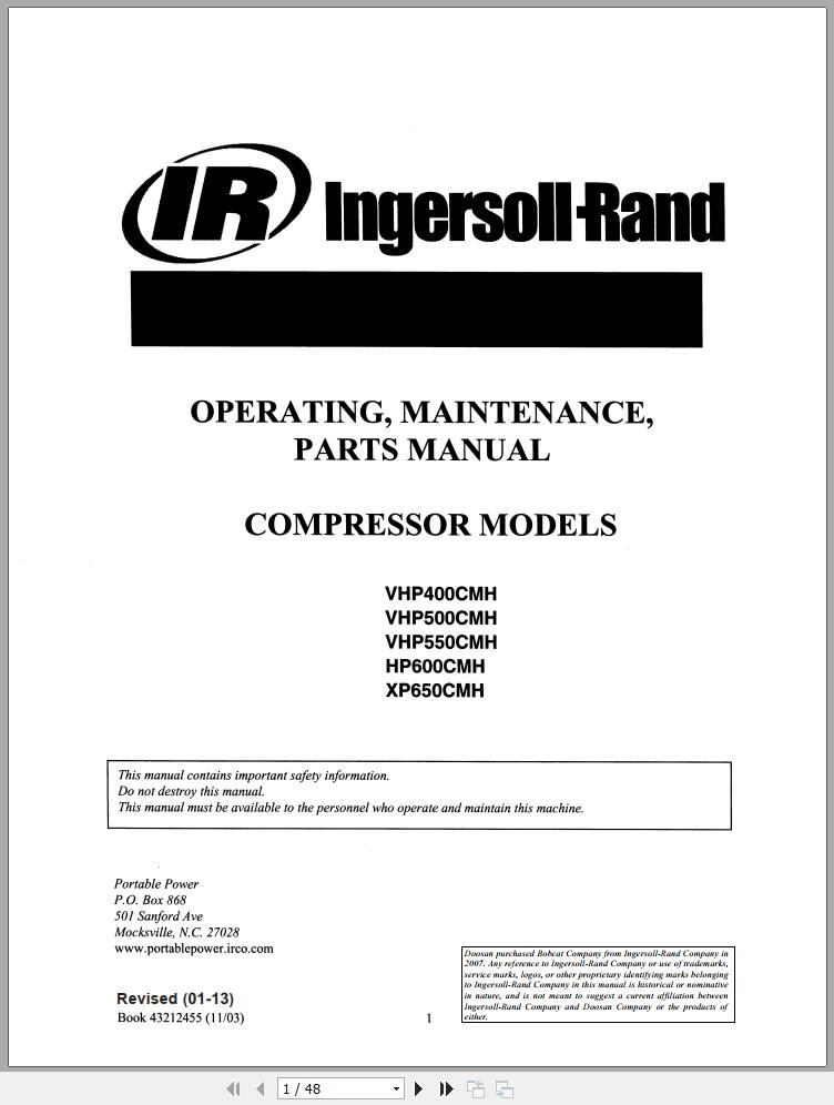 Ingersoll Rand Compressor Modules VHP550CMH Part Manual Operation and Maintenance Manual 2013