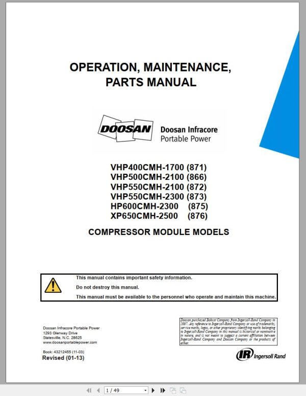 Ingersoll Rand Compressor Modules VHP550CMH Part Manual Operation and Maintenance Manual 2013 1