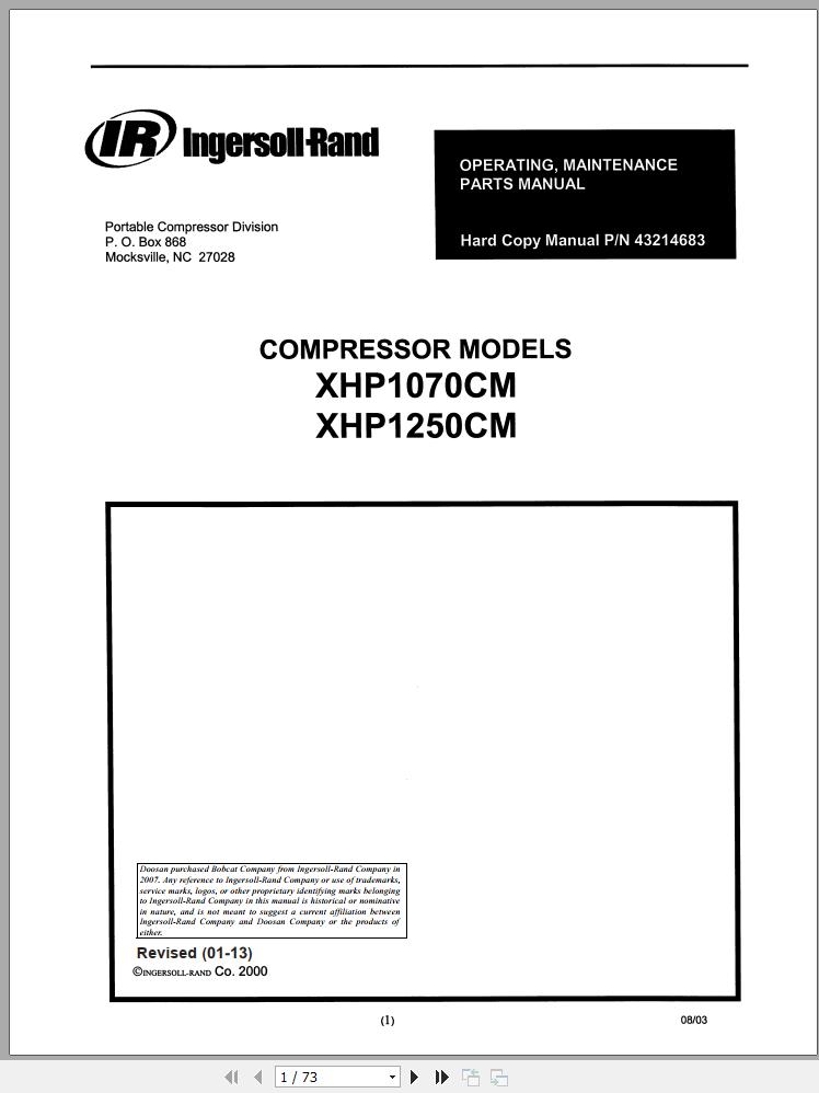Ingersoll Rand Compressor Modules XHP1070CM Part Manual Operation and Maintenance Manual 2013