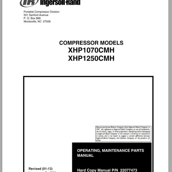 Ingersoll Rand Compressor Modules XHP1070CM Part Manual, Operation and
