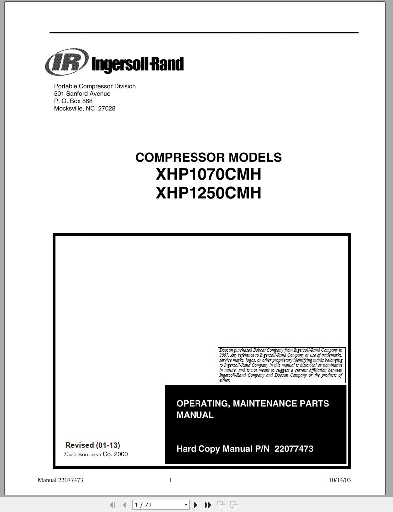 Ingersoll Rand Compressor Modules XHP1070CMH Part Manual Operation and Maintenance Manual 2013