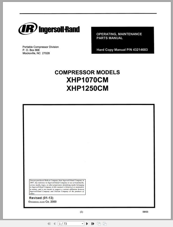 Ingersoll Rand Compressor Modules XHP1250CM Part Manual, Operation and