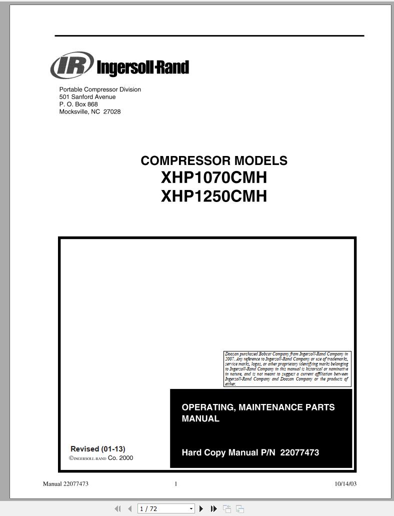 Ingersoll Rand Compressor Modules XHP1250CMH Part Manual Operation and Maintenance Manual 2013