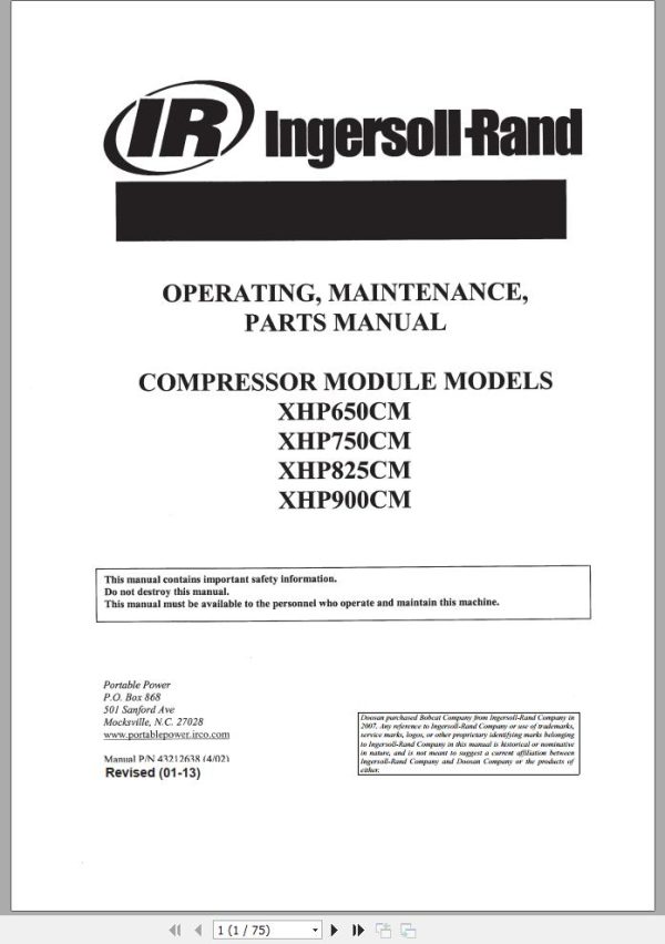 Ingersoll Rand Compressor Modules XHP650CM Part Manual Operation and Maintenance Manual 2013