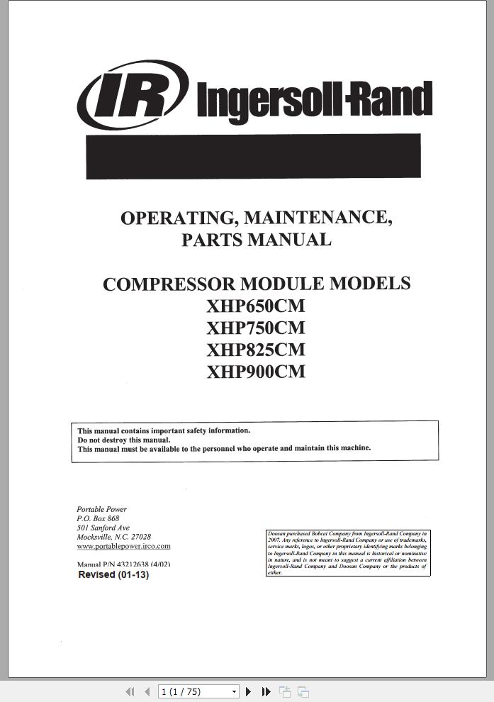 Ingersoll Rand Compressor Modules XHP650CM Part Manual Operation and Maintenance Manual 2013