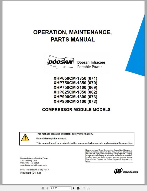 Ingersoll Rand Compressor Modules XHP650CM Part Manual Operation and Maintenance Manual 2013 1