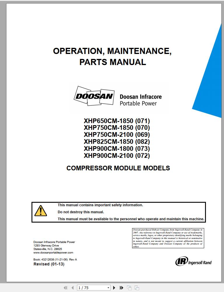 Ingersoll Rand Compressor Modules XHP750CM Part Manual Operation and Maintenance Manual 2013