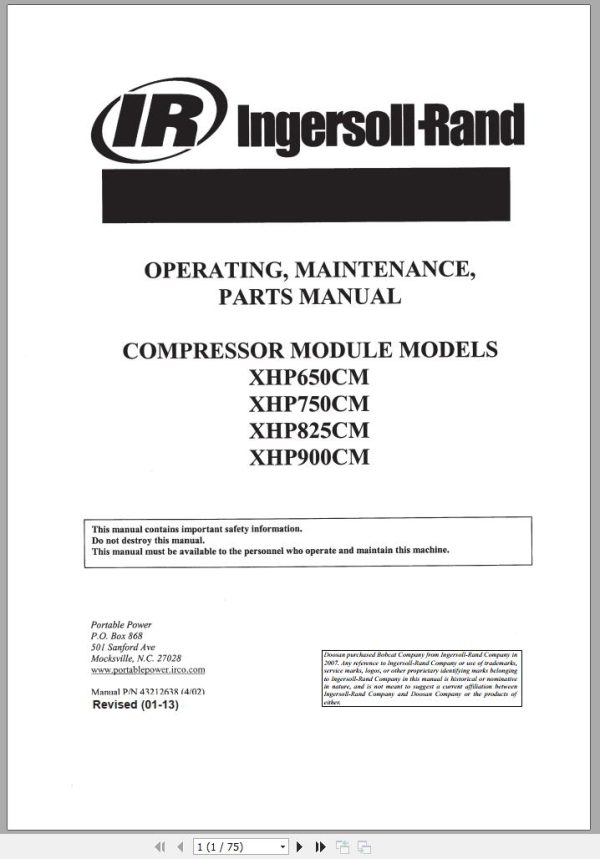 Ingersoll Rand Compressor Modules XHP750CM Part Manual Operation and Maintenance Manual 2013 1