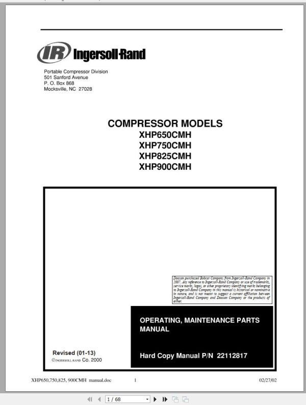 Ingersoll Rand Compressor Modules XHP750CMH Part Manual, Operation and