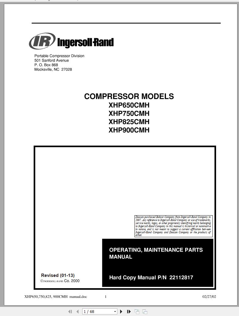 Ingersoll Rand Compressor Modules XHP750CMH Part Manual Operation and Maintenance Manual 2013