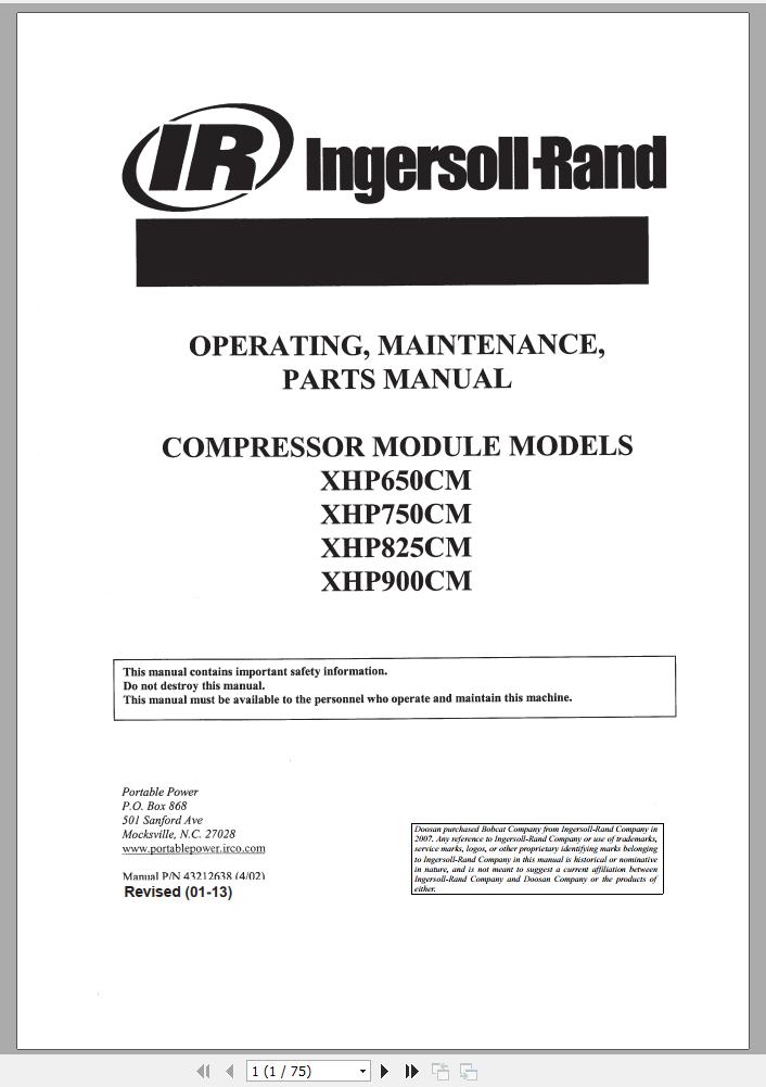 Ingersoll Rand Compressor Modules XHP825CM Part Manual Operation and Maintenance Manual 2013