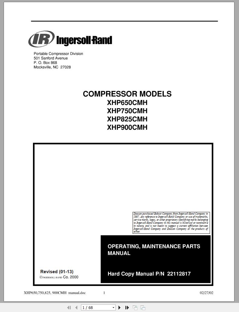 Ingersoll Rand Compressor Modules XHP825CMH Part Manual Operation and Maintenance Manual 2013