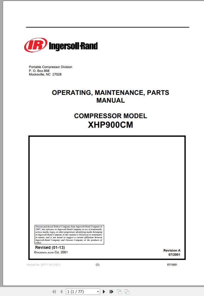 Ingersoll Rand Compressor Modules XHP900CM Part Manual Operation and Maintenance Manual 2013