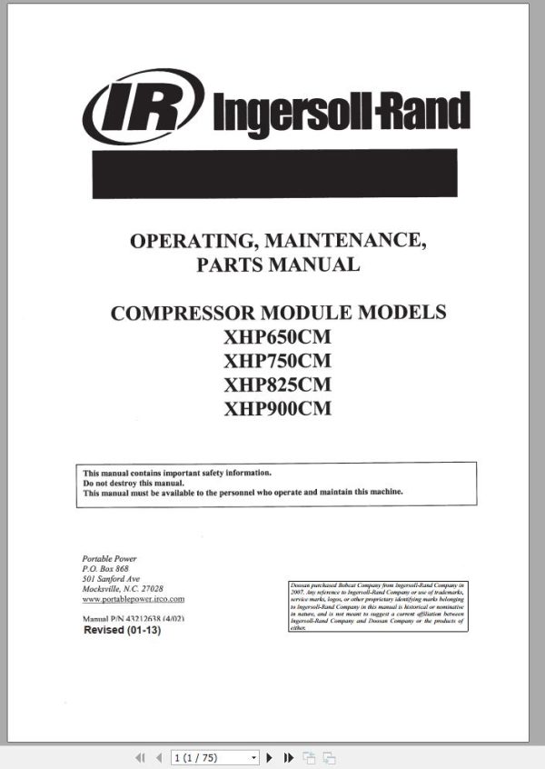 Ingersoll Rand Compressor Modules XHP900CM Part Manual Operation and Maintenance Manual 2013 1