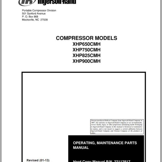 Ingersoll Rand Compressor Modules XHP1070CMH Part Manual, Operation and