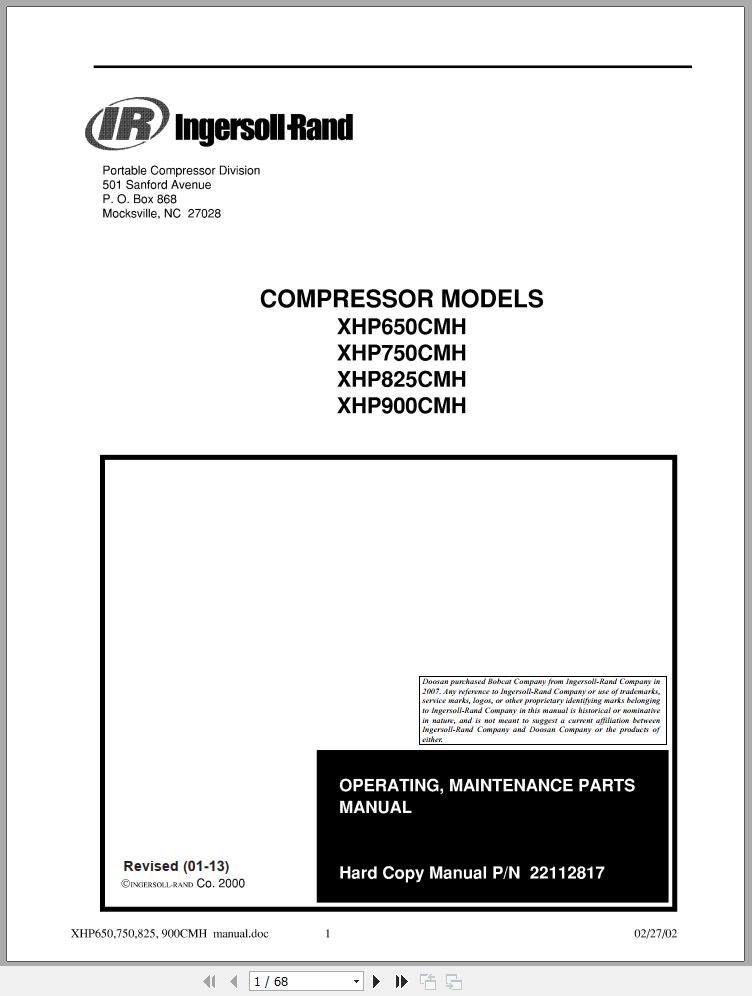 Ingersoll Rand Compressor Modules XHP900CMH Part Manual Operation and Maintenance Manual 2013