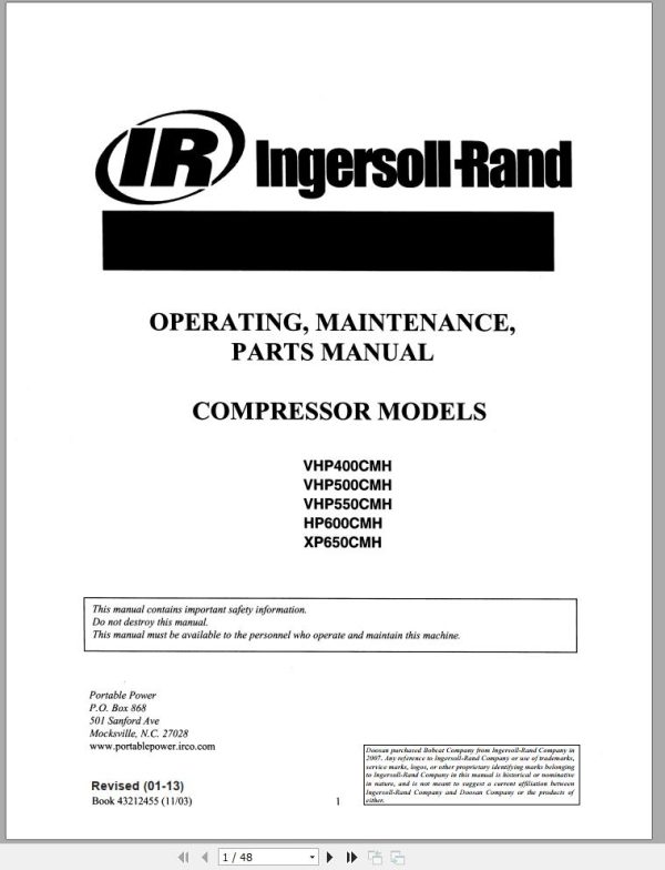 Ingersoll Rand Compressor Modules XP650CMH Part Manual Operation and Maintenance Manual 2013