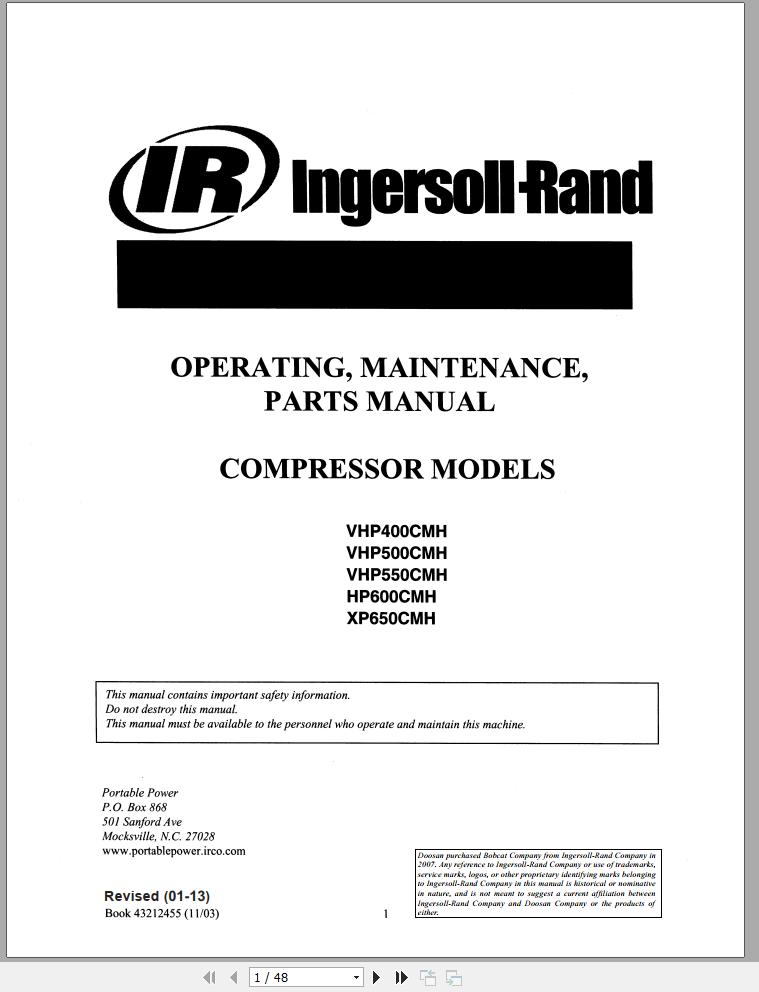 Ingersoll Rand Compressor Modules XP650CMH Part Manual Operation and Maintenance Manual 2013