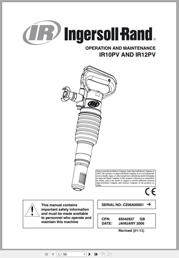 Ingersoll Rand Construction Tool IR10PV Operation and Maintenance Manual 2013