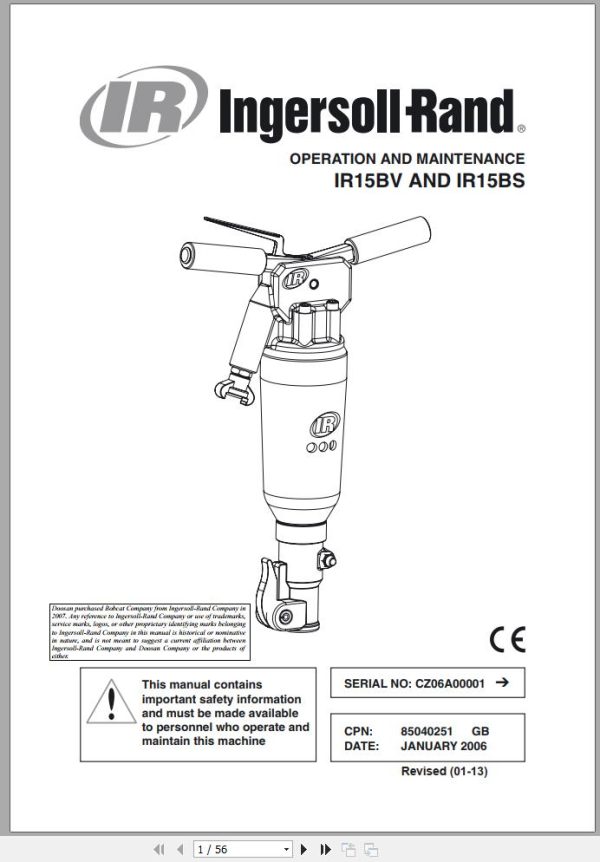 Ingersoll Rand Construction Tool IR15BV IR15BS Parts Manual Operation and Maintenance Manual 2013
