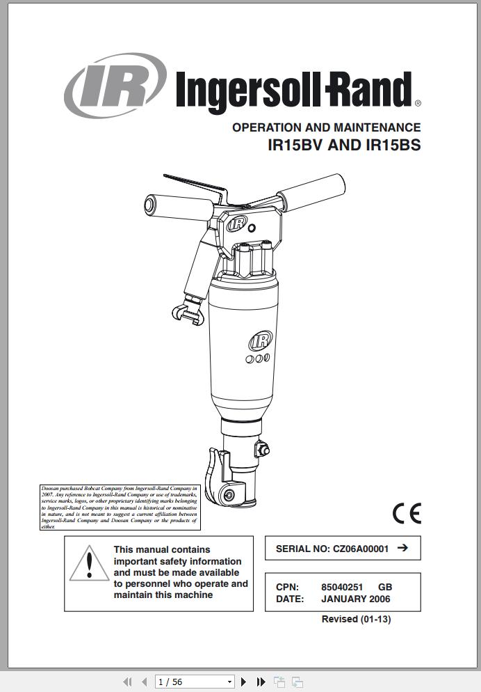 Ingersoll Rand Construction Tool IR15BV IR15BS Parts Manual Operation and Maintenance Manual 2013