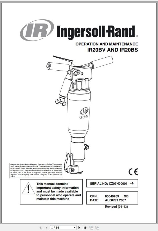 Ingersoll Rand Construction Tool IR20BV IR20BS Parts Manual Operation and Maintenance Manual 2013
