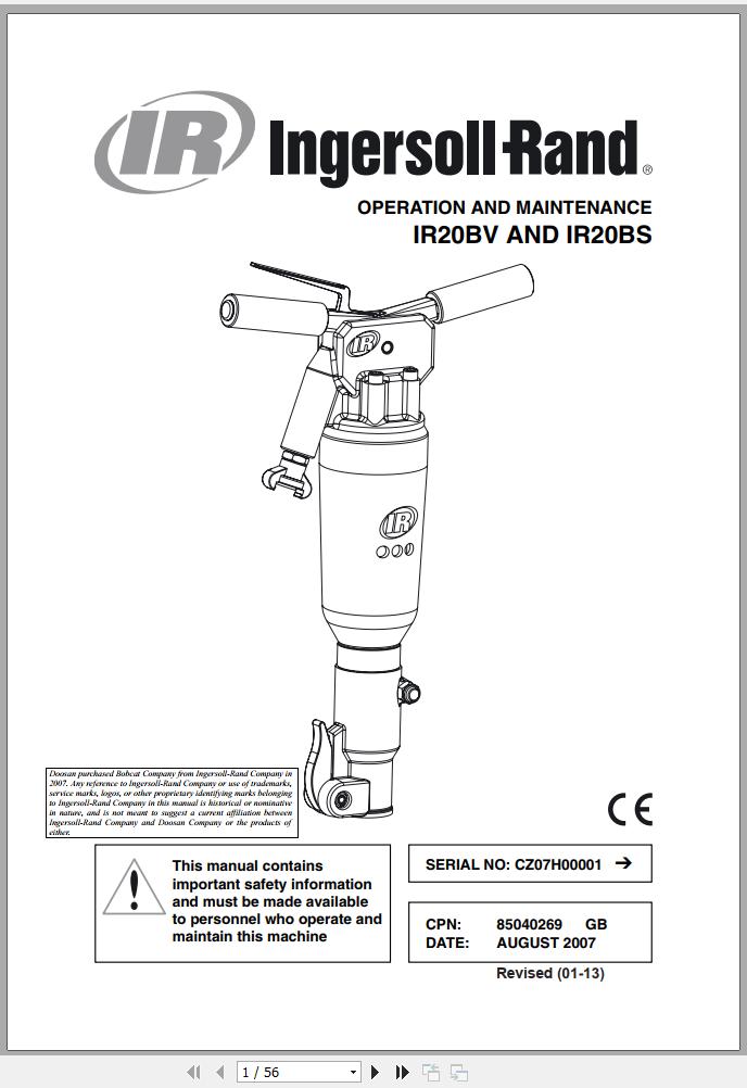 Ingersoll Rand Construction Tool IR20BV IR20BS Parts Manual Operation and Maintenance Manual 2013